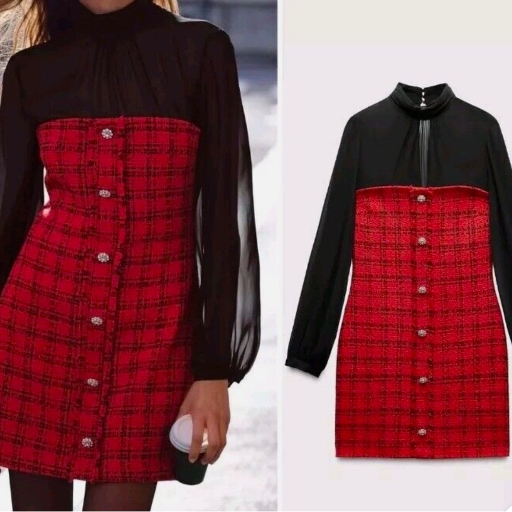 Zara Red Tweed Dress with Sheer Black Sleeves
